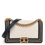 Calfskin Chevron Quilted Braided Medium Boy Flap White Navy