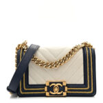 Calfskin Chevron Quilted Braided Small Boy Flap White Navy