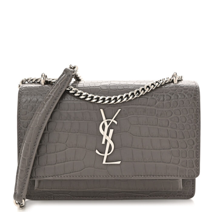 Calfskin Crocodile Embossed Monogram Sunset Chain Wallet Fog - Image 1