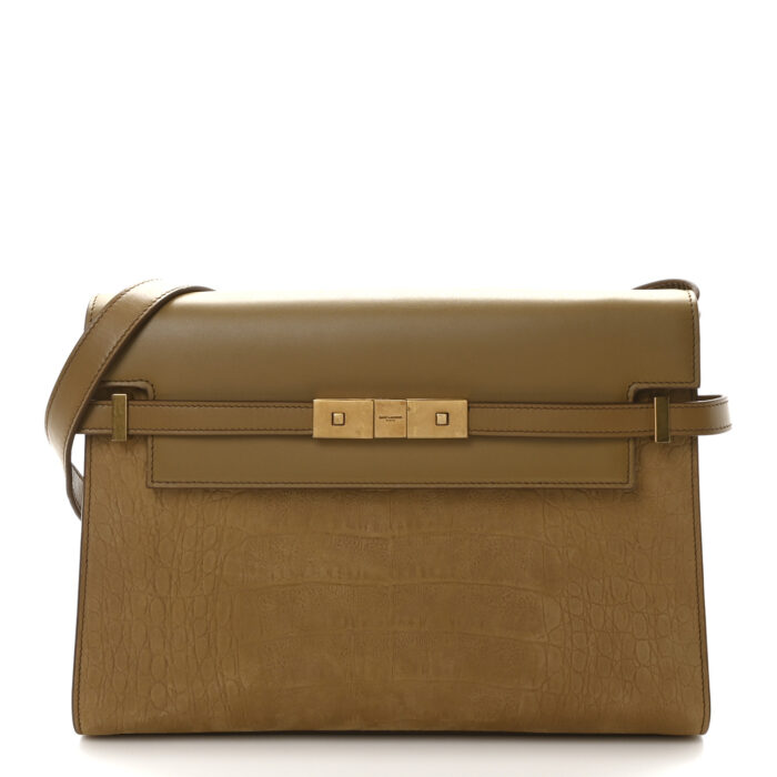 Calfskin Nubuk Suede Crocodile Embossed Manhattan Baguette Dark Ocra - Image 1