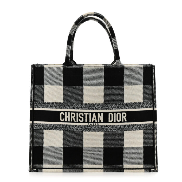 Canvas Embroidered Checkered Book Tote Black White - Image 1