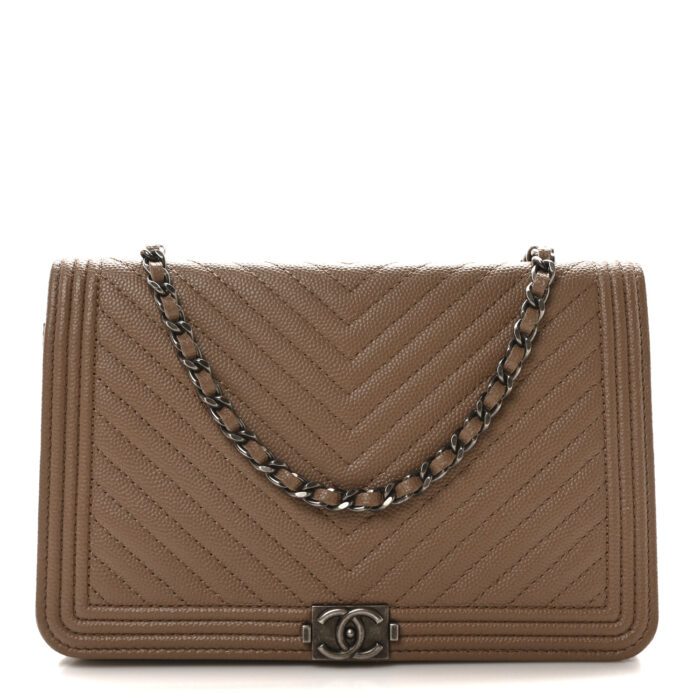 Caviar Chevron Quilted Boy Wallet On Chain WOC Dark Beige - Image 1