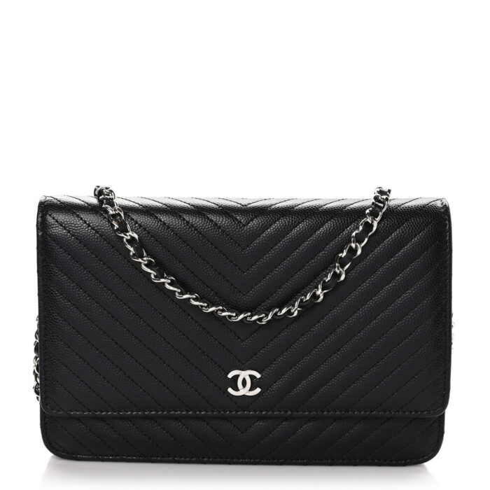 Caviar Chevron Quilted Wallet On Chain WOC Black - Image 1