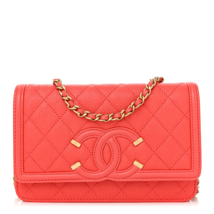 Caviar Quilted CC Filigree Wallet On Chain WOC Coral - Image 1