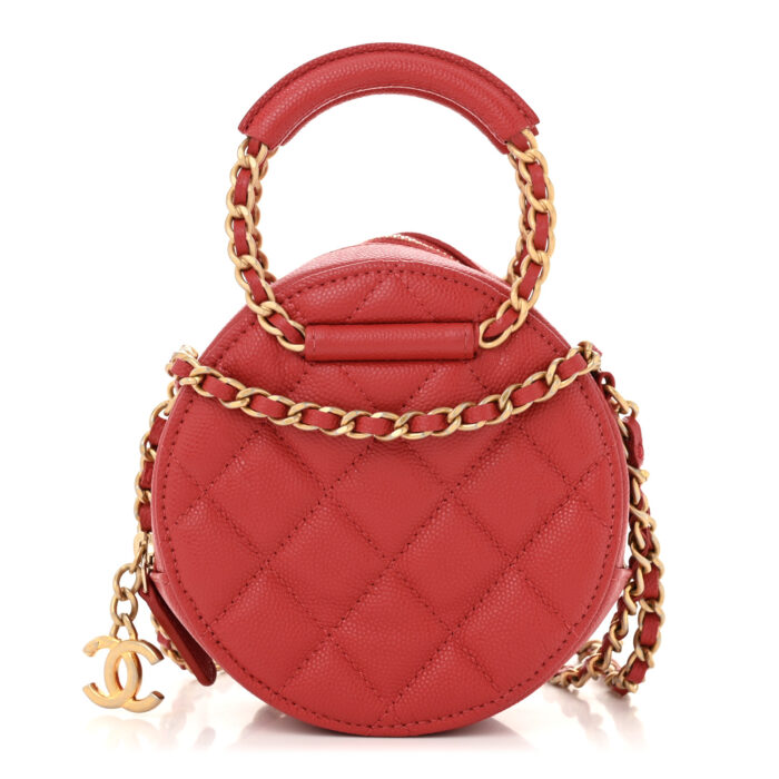 Caviar Quilted Chain Handle Round Clutch With Chain Bag Red - Image 1