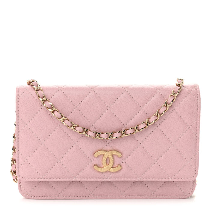 Caviar Quilted Studded CC Wallet on Chain WOC Light Pink - Image 1