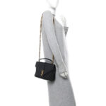 Cracked Shiny Calfskin Matelasse Chevron Monogram Medium College Bag Black - Image 2