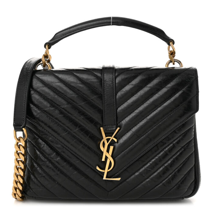 Cracked Shiny Calfskin Matelasse Chevron Monogram Medium College Bag Black - Image 1