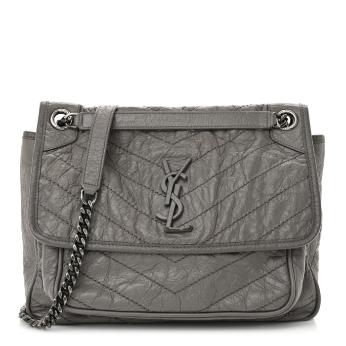 Crinkled Calfskin Matelasse Monogram Medium Niki Chain Satchel Fog - Image 1