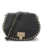 Grained Calfskin Rockstud Saddle Bag Black
