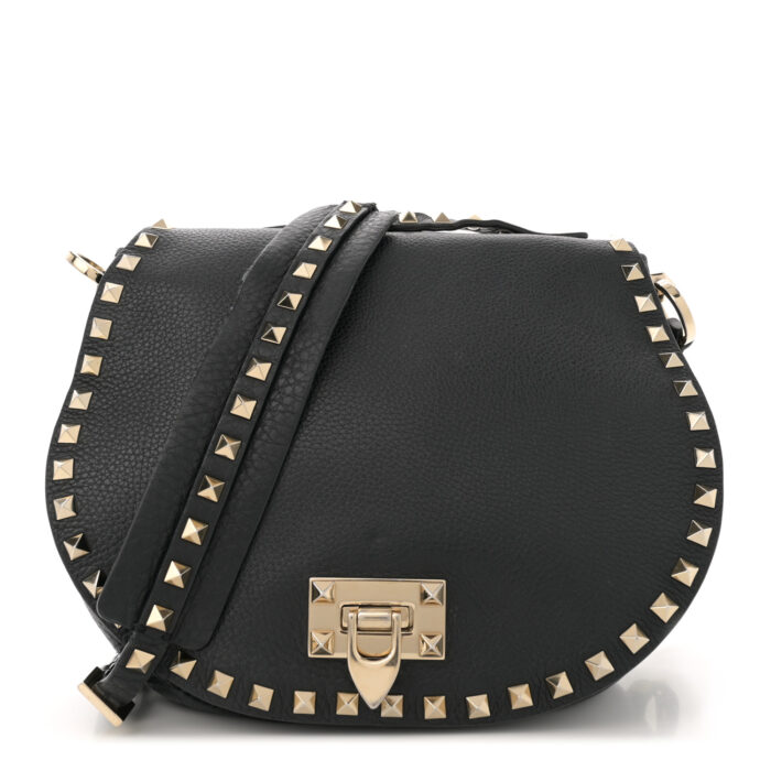 Grained Calfskin Rockstud Saddle Bag Black - Image 1