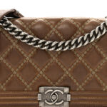 Iridescent Calfskin Embellished Double Stitch Medium Boy Flap Light Brown - Image 4