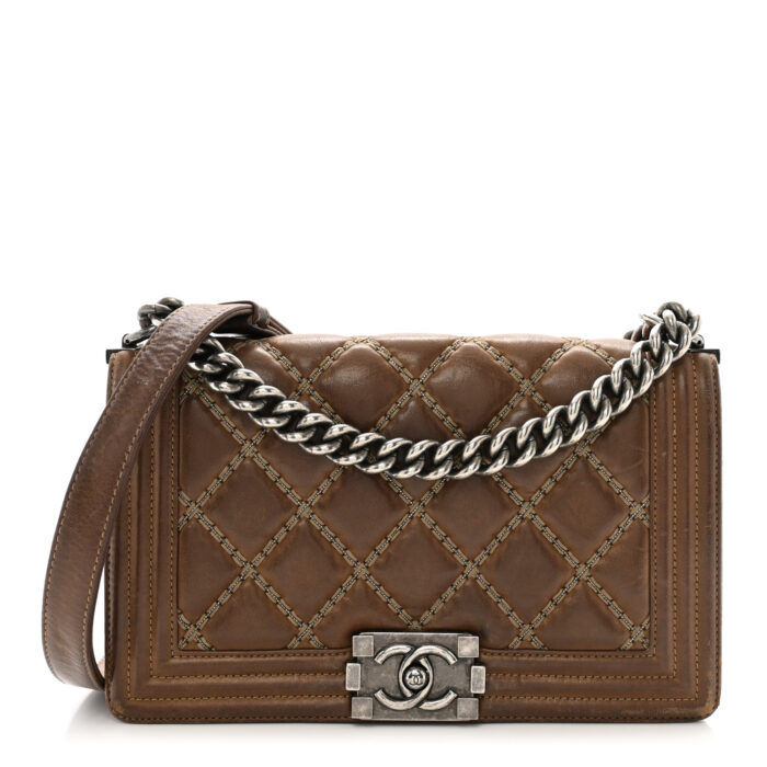 Iridescent Calfskin Embellished Double Stitch Medium Boy Flap Light Brown - Image 1