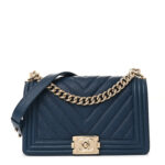 Iridescent Caviar Chevron Quilted Medium Boy Flap Blue