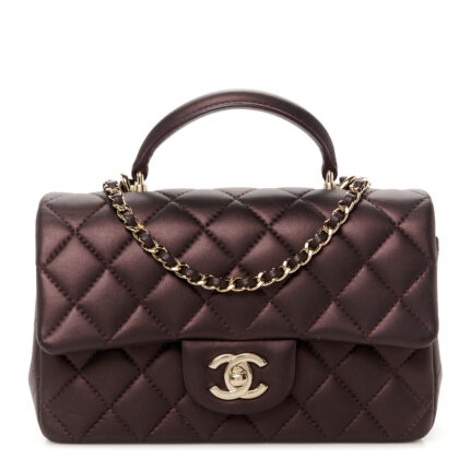Iridescent Lambskin Quilted Mini Top Handle Rectangular Flap Burgundy