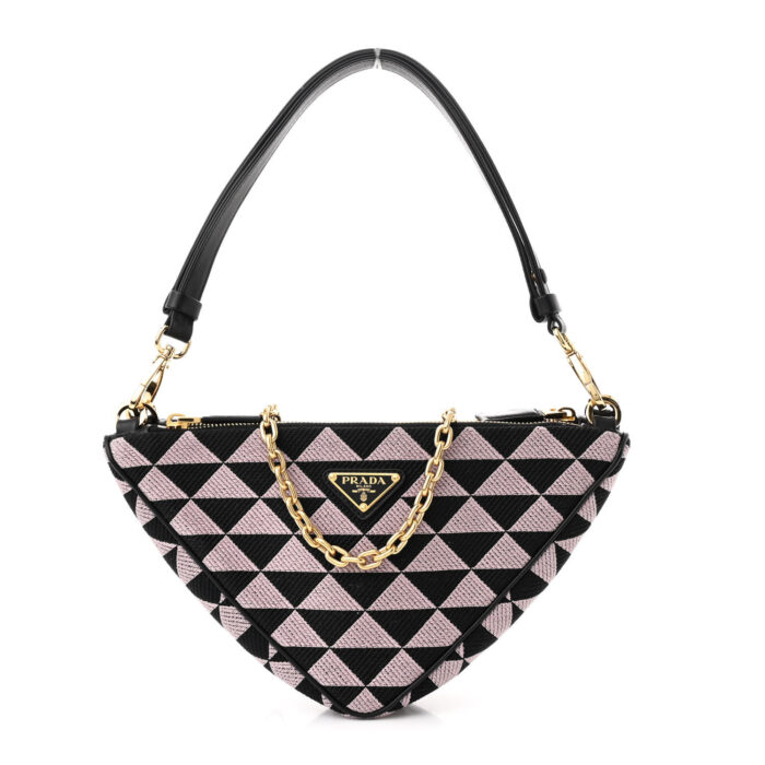 Jacquard Calfskin Triangolo Symbole Embroidered Mini Triangle Double Bag Black Alabastro - Image 1