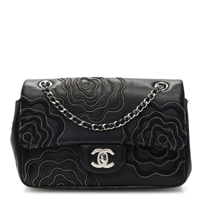 Lambskin Embroidered Camellia Follies Flap Black - Image 1