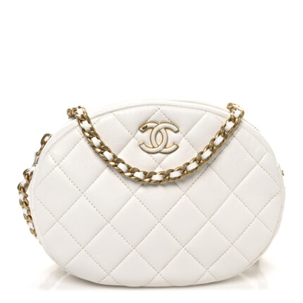Lambskin Enamel Quilted Mini Clip Round Camera Case White