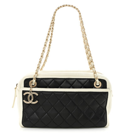 Lambskin Quilted Graphic Camera Case Black White