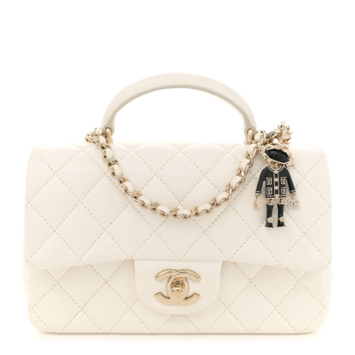 Lambskin Quilted Mini Lion Charm Top Handle Rectangular Flap White - Image 1