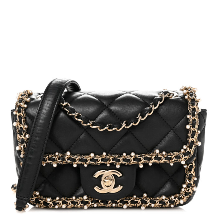 Lambskin Quilted Pearl Edge Mini Rectangular Flap Bag Black - Image 1