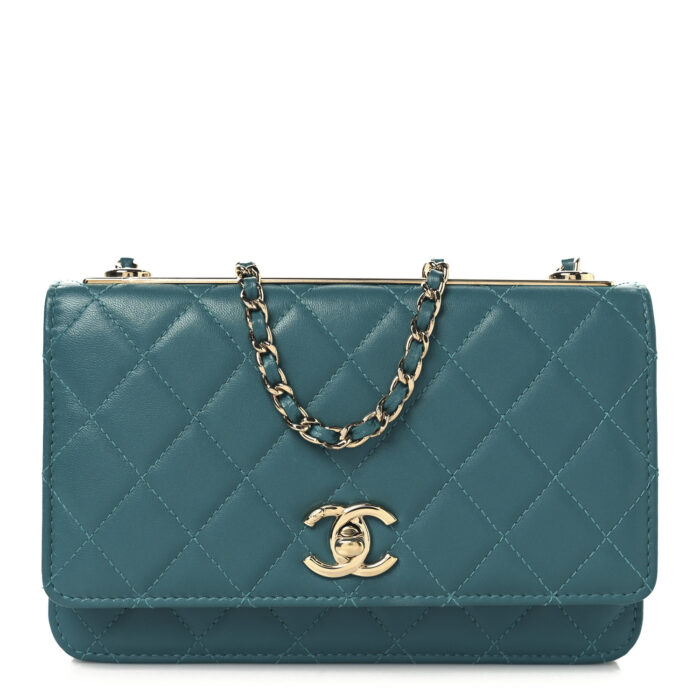 Lambskin Quilted Trendy CC Wallet On Chain WOC Green - Image 1
