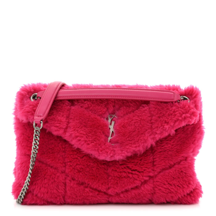 Merino Shearling Lambskin Quilted Small Loulou Puffer Monogram Chain Satchel Fuchsia - Image 1