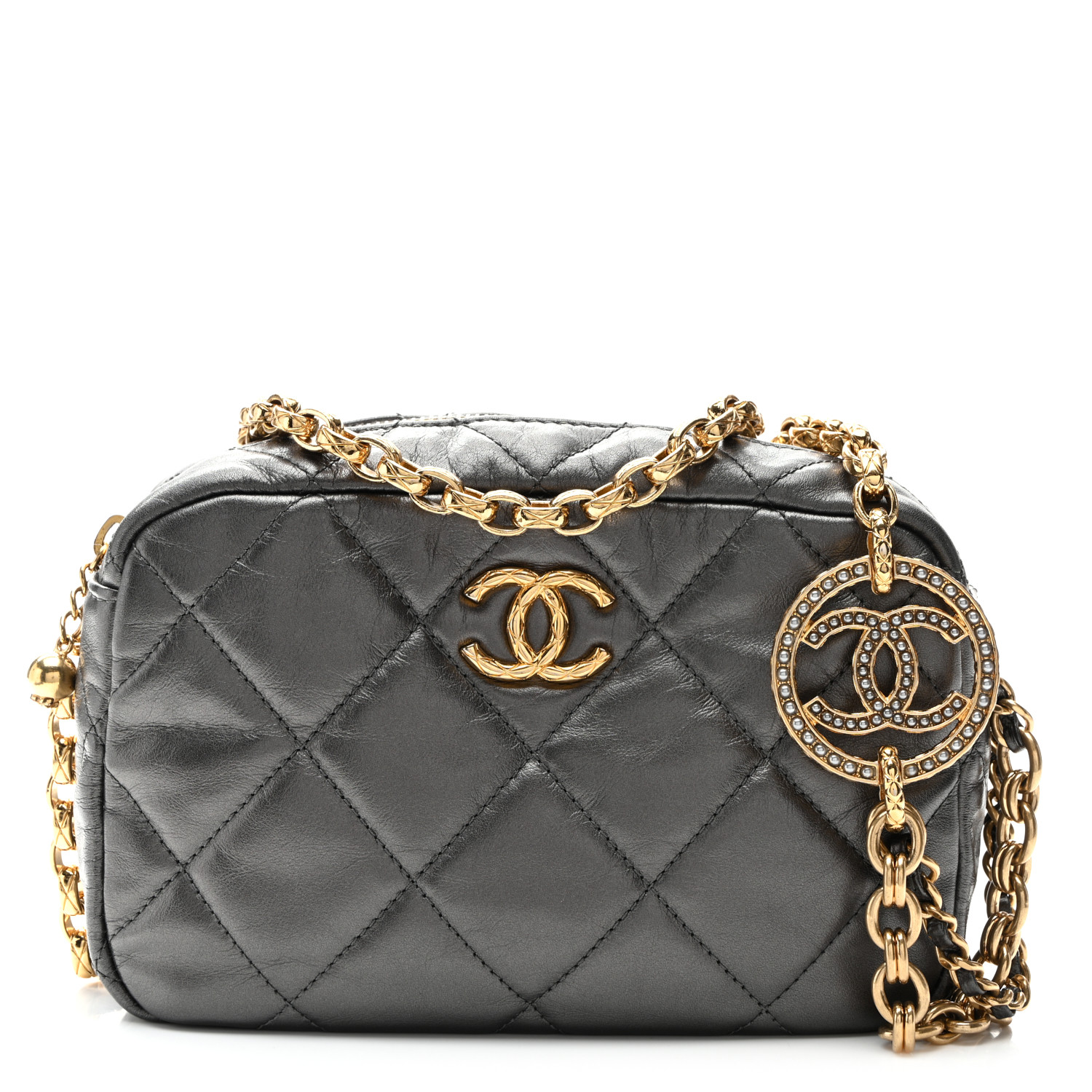 Metallic Calfskin Pearl Quilted CC Mini Camera Case Ruthenium11 Metallic Calfskin Pearl Quilted CC Mini Camera Case Ruthenium - Image 1