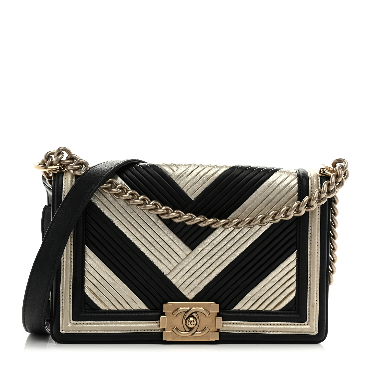 Metallic Calfskin Pleated Medium Boy In Rome Flap Black Gold11 Metallic Goatskin Calfskin Medium Boy Flap Gold Black - Image 1