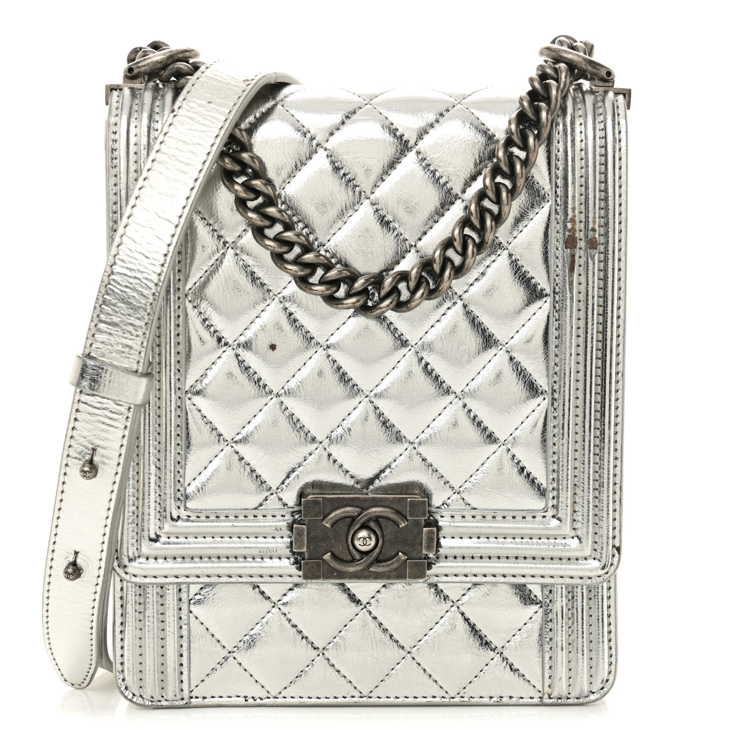 Metallic Goatskin Quilted North South Boy Flap Silver16 Metallic Goatskin Quilted North South Boy Flap Silver - Image 1