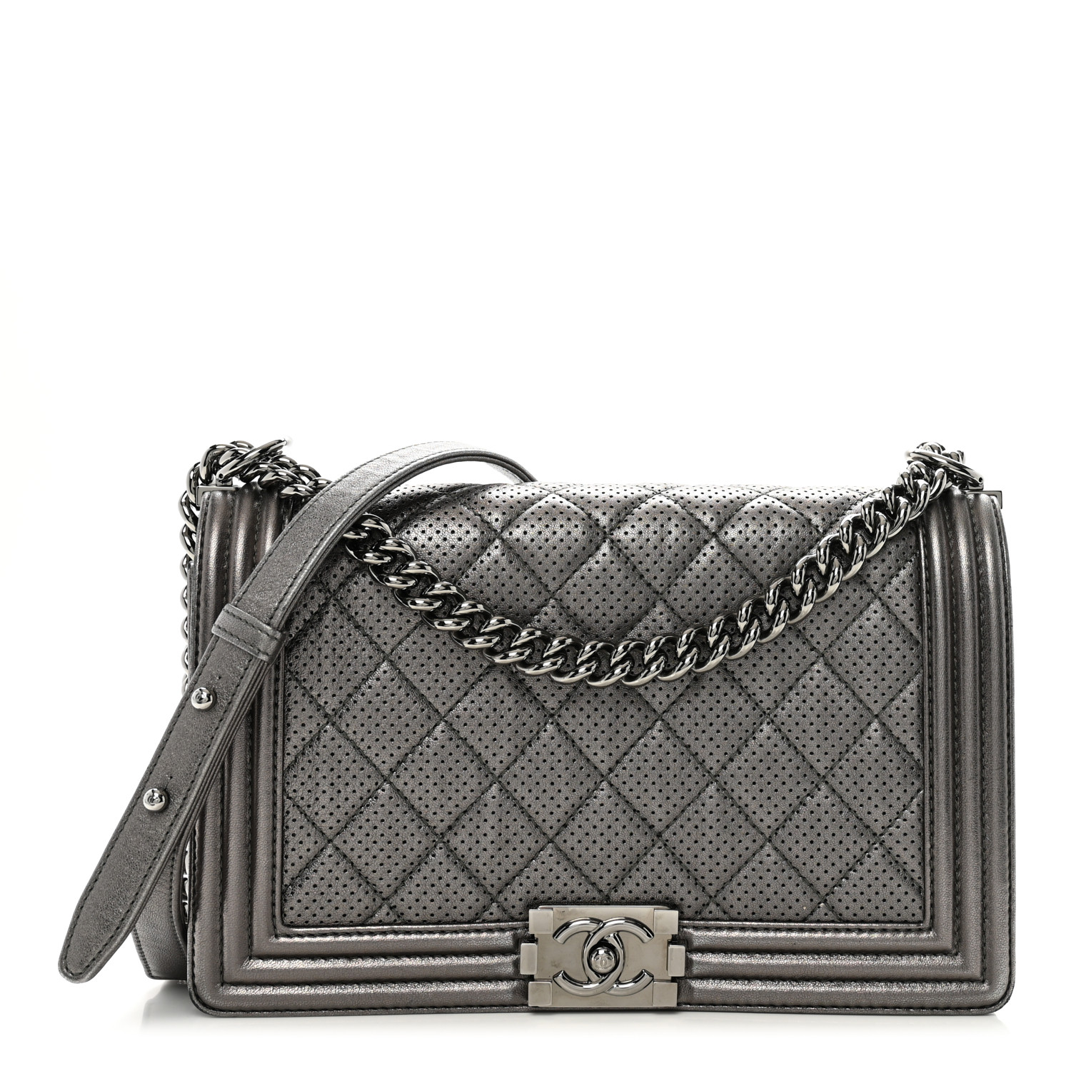 Metallic Lambskin Perforated New Medium Boy Flap Dark Silver11 Metallic Lambskin Perforated New Medium Boy Flap Dark Silver - Image 1