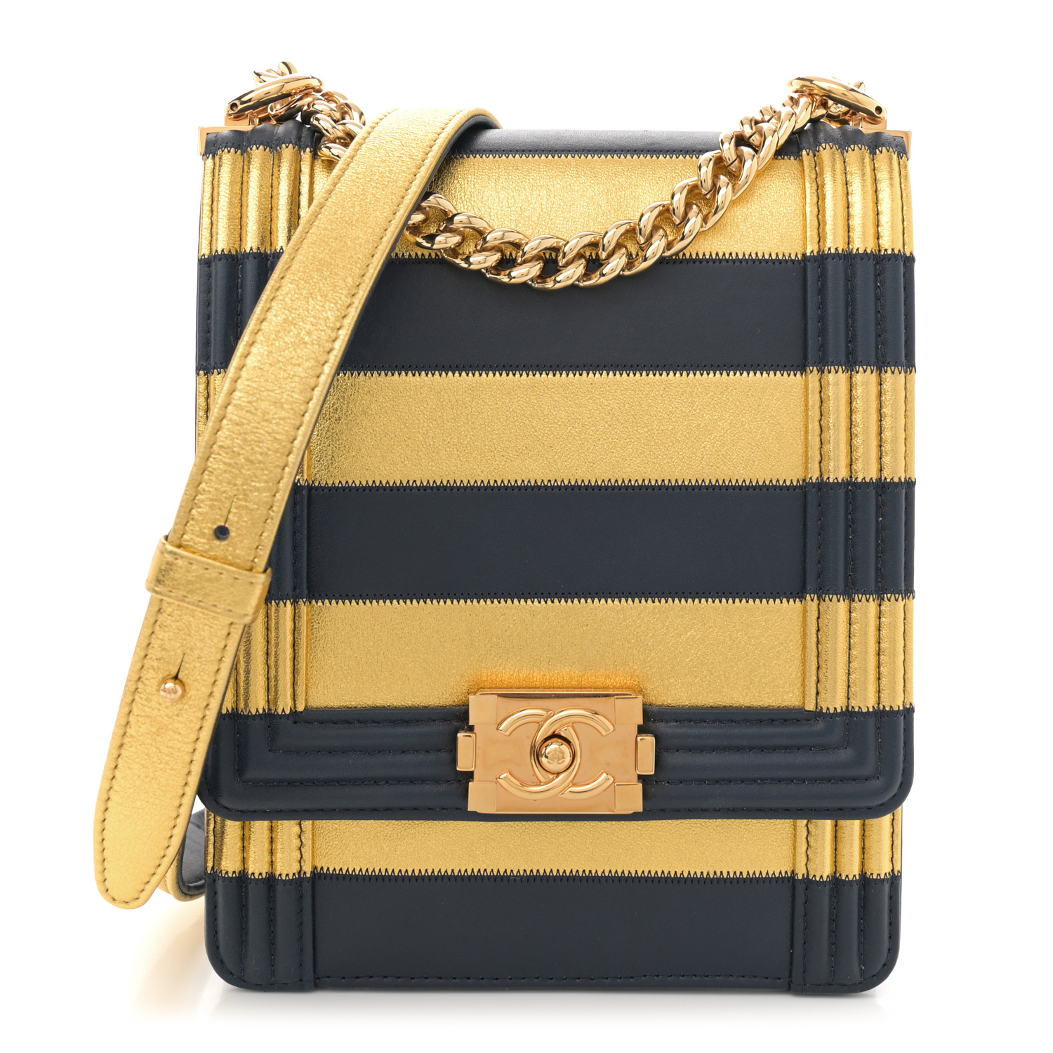 Metallic Lambskin Striped North South Boy Flap Navy Gold10 Metallic Lambskin Striped North South Boy Flap Navy Gold - Image 1