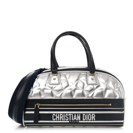 Padded Etoile Calfskin Embossed Medium Dior Vibe Zip Bowling Bag Silver Black