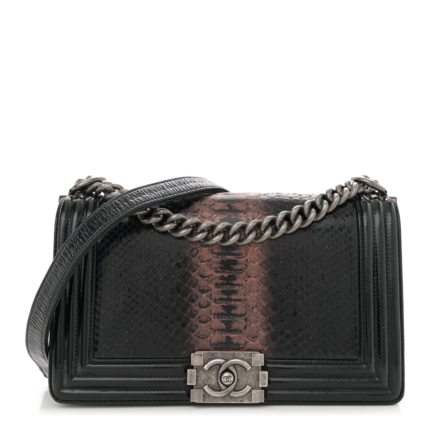 Patent Snakeskin Medium Boy Flap Black13 Patent Snakeskin Medium Boy Flap Black - Image 1