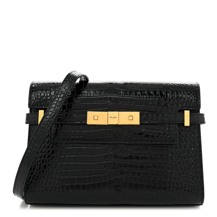 Shiny Calfskin Crocodile Embossed Small Manhattan Baguette Black - Image 1