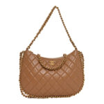Shiny Crumpled Lambskin Quilted Large Trendy Chain Around Hobo Dark Beige - Image 7