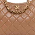 Shiny Crumpled Lambskin Quilted Large Trendy Chain Around Hobo Dark Beige - Image 3