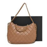 Shiny Crumpled Lambskin Quilted Large Trendy Chain Around Hobo Dark Beige - Image 6