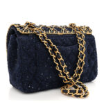 Tweed Sequin Timeless Classic Chained Double Flap Navy Blue - Image 3