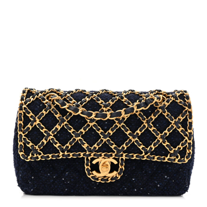 Tweed Sequin Timeless Classic Chained Double Flap Navy Blue - Image 1
