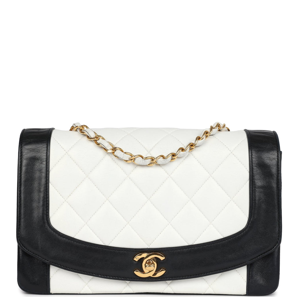 Vintage Chanel Medium Diana Flap Bag White and Black Lambskin Gold Hardware01 Vintage Chanel Medium Diana Flap Bag White and Black Lambskin Gold Hardware - Image 1