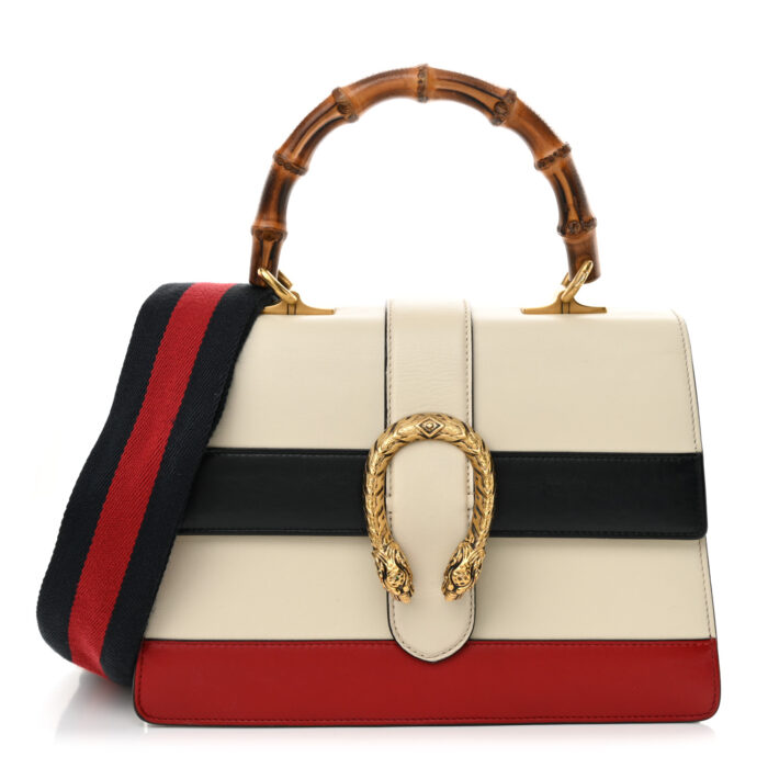 Calfskin Bamboo Web Medium Dionysus Top Handle Bag White Blue Hibiscus Red - Image 1