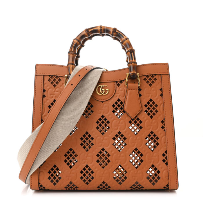 Calfskin Debossed GG Lase-Cut Small Diana Tote Bag Harness Brown - Image 1