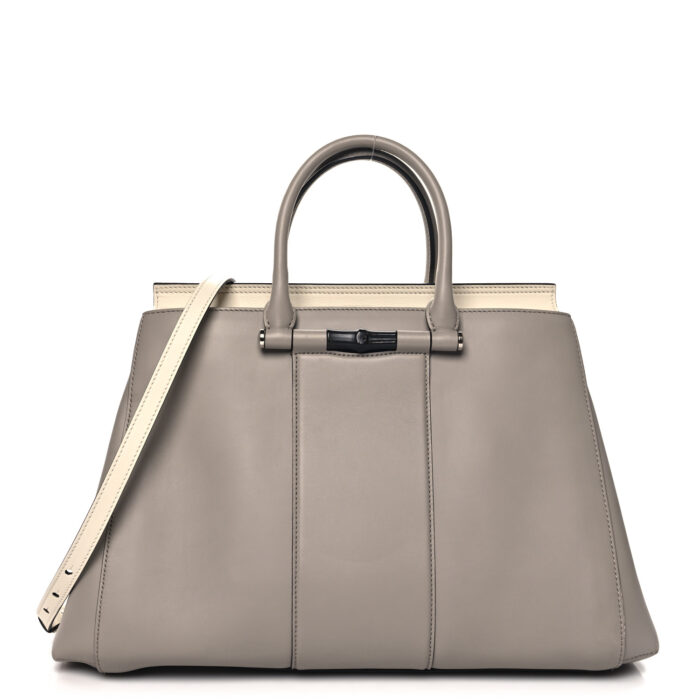 Calfskin Lady Bamboo Top Handle Bag Grey White - Image 1