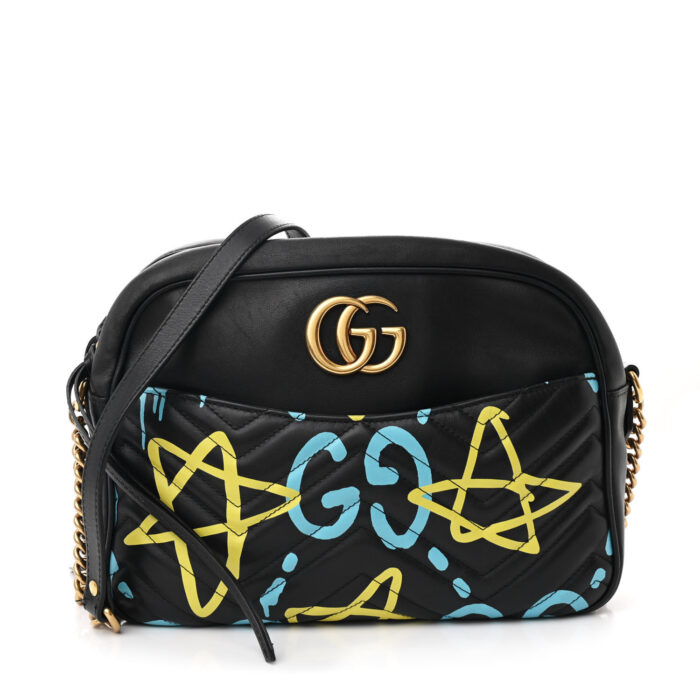 Calfskin Matelasse GucciGhost Medium GG Marmont Chain Shoulder Bag Black New Acquamarine - Image 1