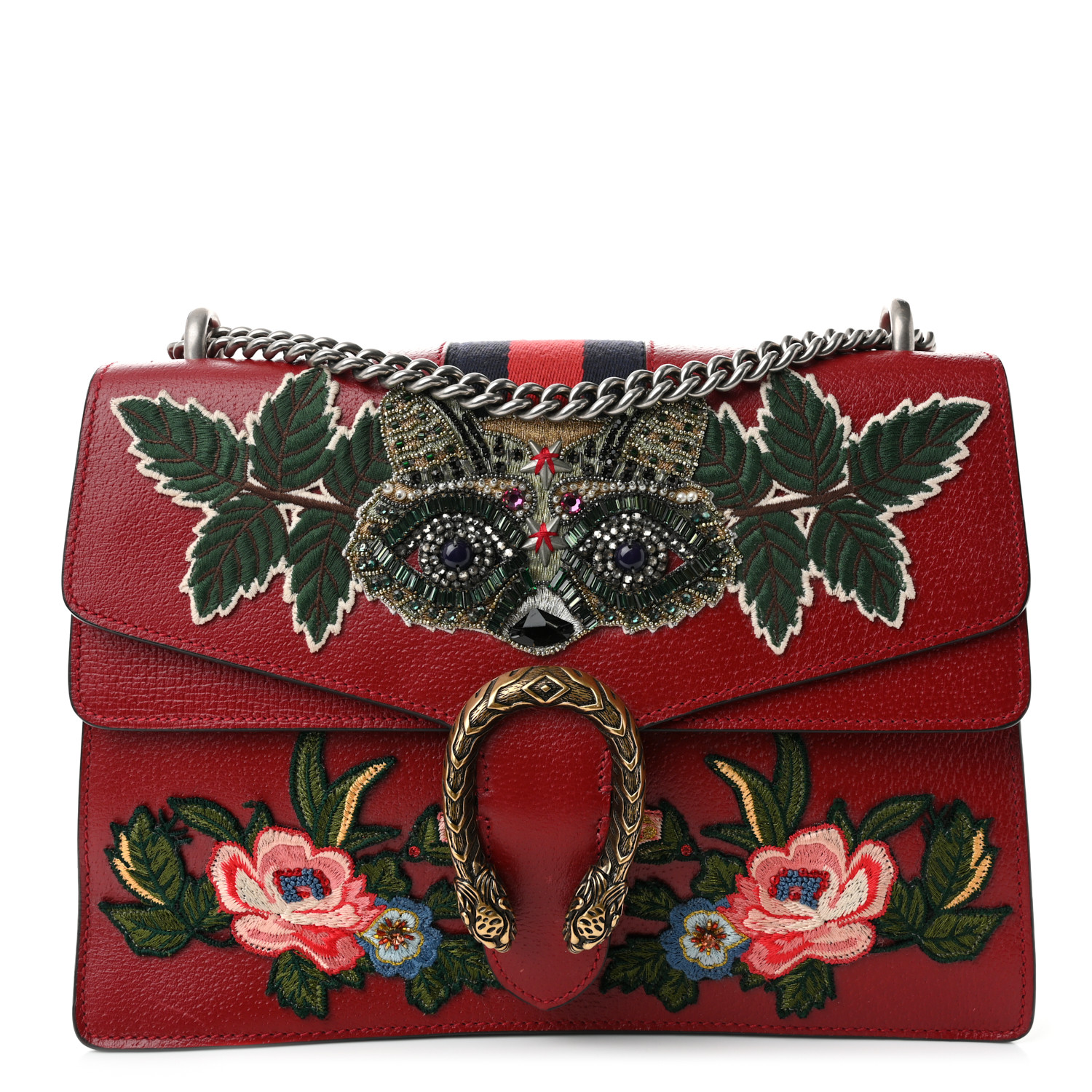 Calfskin Web Raccoon Embroidered Medium Dionysus Shoulder Bag Red12 Calfskin Web Raccoon Embroidered Medium Dionysus Shoulder Bag Red - Image 1