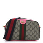 GG Supreme Monogram Textured Dollar Calfskin Web Ophidia Small Crossbody Bag Beige Ebony Fuchsia