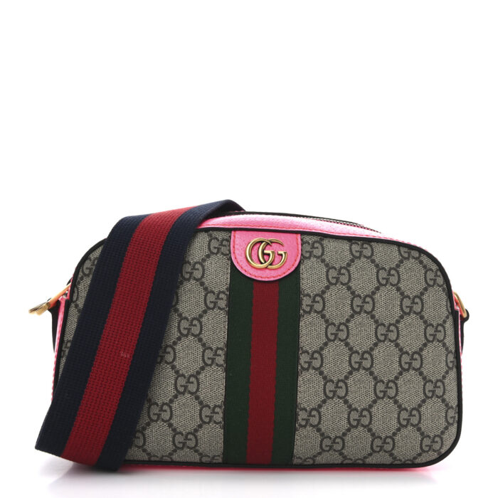 GG Supreme Monogram Textured Dollar Calfskin Web Ophidia Small Crossbody Bag Beige Ebony Fuchsia - Image 1