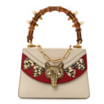 Goatskin Pearl Mini Fox Broche Bamboo Top Handle Bag Hibiscus Red Mystic White