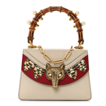 Goatskin Pearl Mini Fox Broche Bamboo Top Handle Bag Hibiscus Red Mystic White